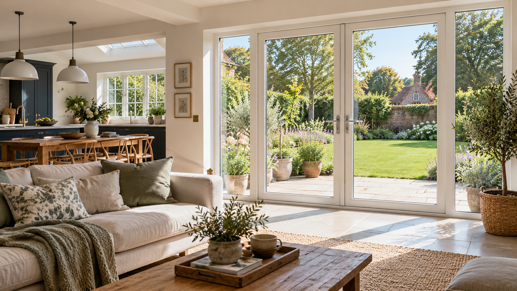 Bright living room with glazed patio doors opening onto a garden
