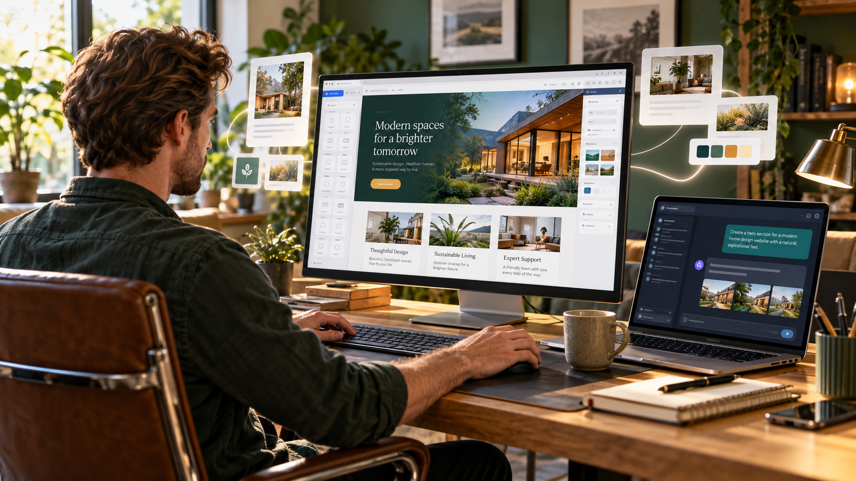 Web designer creating a website on a large monitor beside an AI chat on a laptop