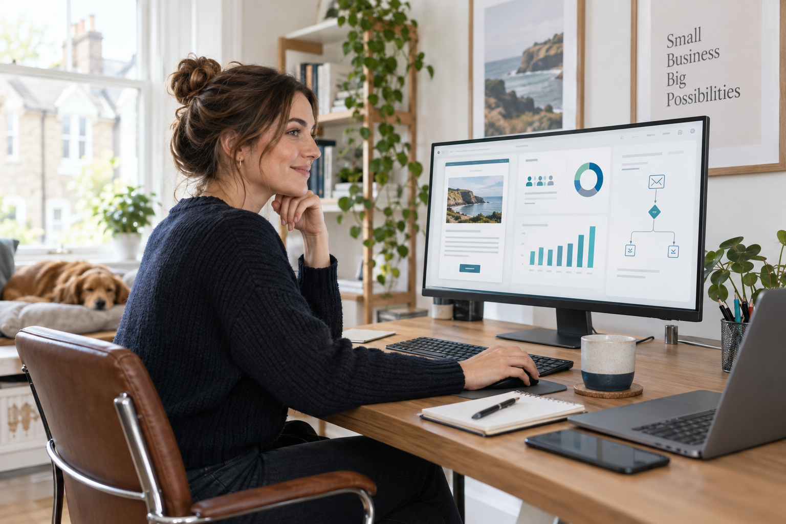 Small-business owner reviewing an email newsletter, audience segments, campaign analytics and an automation workflow on a large monitor