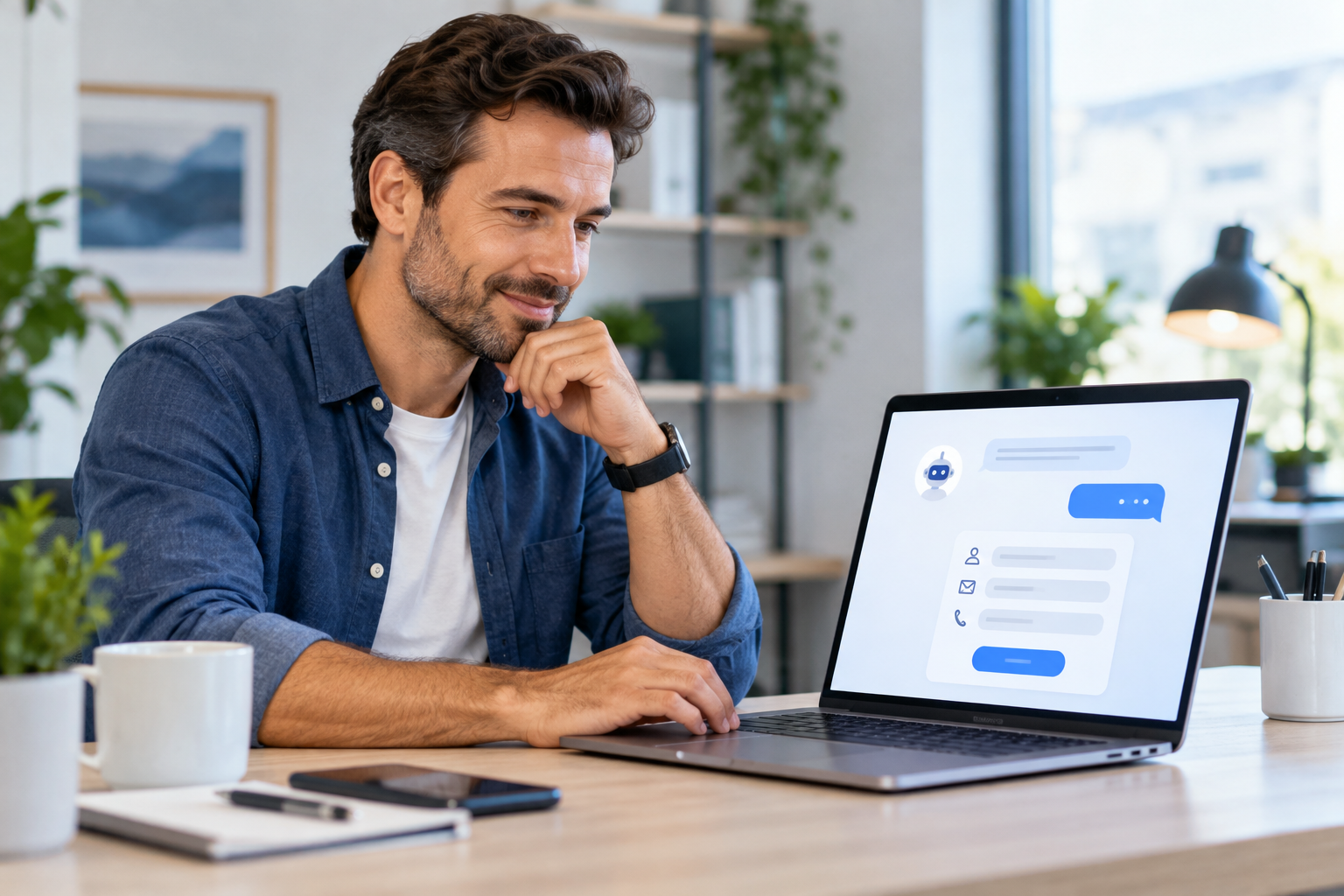 Small-business owner reviewing a conversational website form and lead enquiries on a laptop