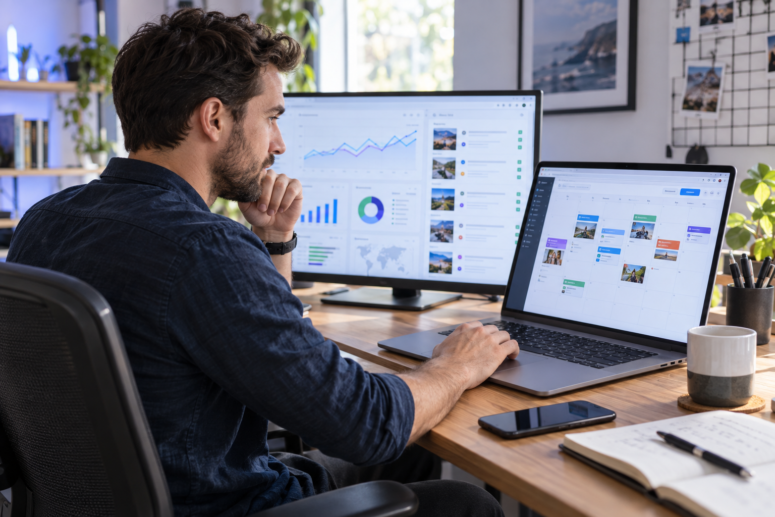 Male digital marketer reviewing a social media content calendar, scheduled posts and campaign analytics on two screens