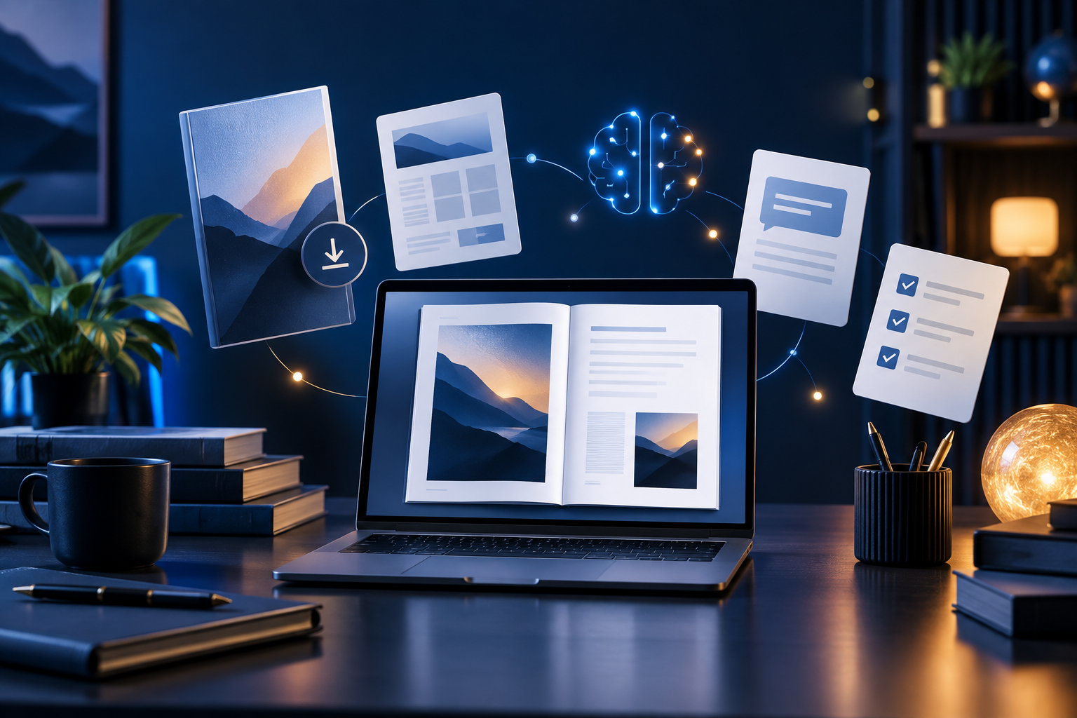 Laptop and digital resources illustrating how AI can support the creation of ebooks, templates, prompts and checklists