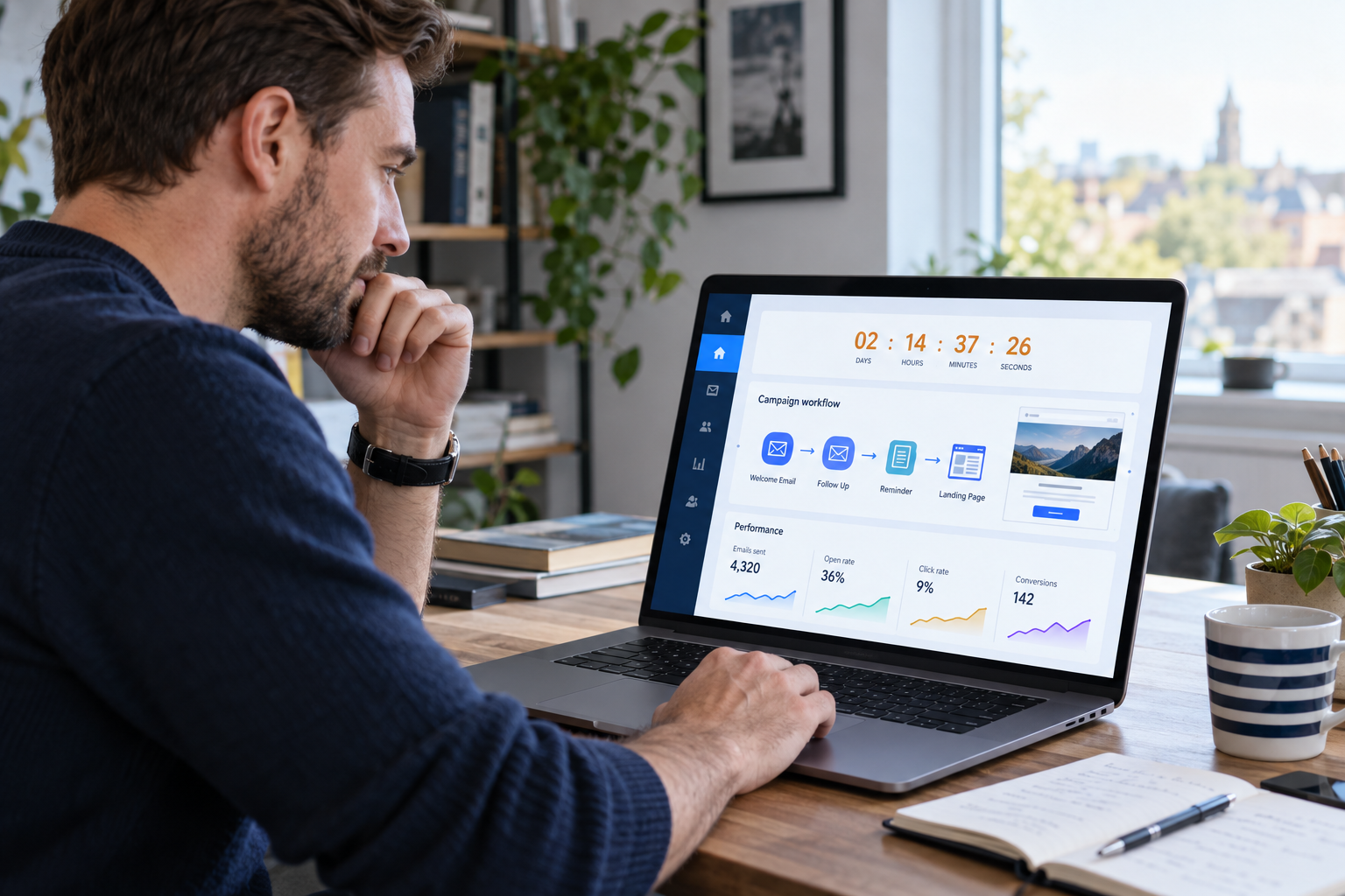 Digital marketer reviewing a deadline campaign with a countdown timer, email sequence and conversion analytics on a laptop