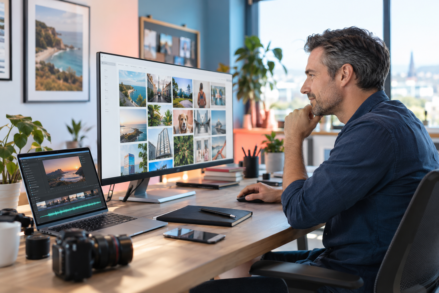 Small-business marketer reviewing a stock image library and video editing project across two screens