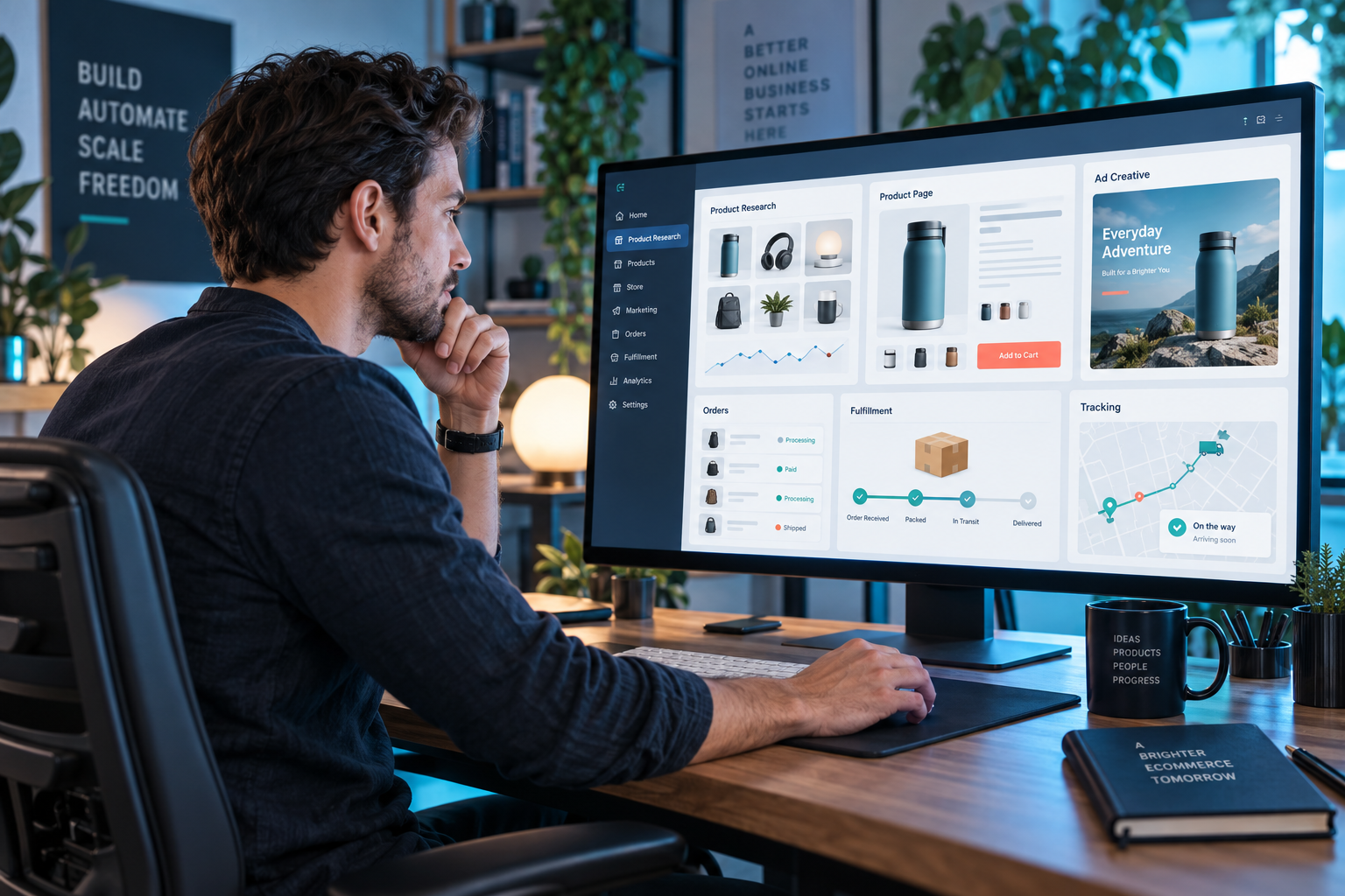 Ecommerce entrepreneur reviewing product research, store building, advertising, order fulfilment and parcel tracking on a large monitor
