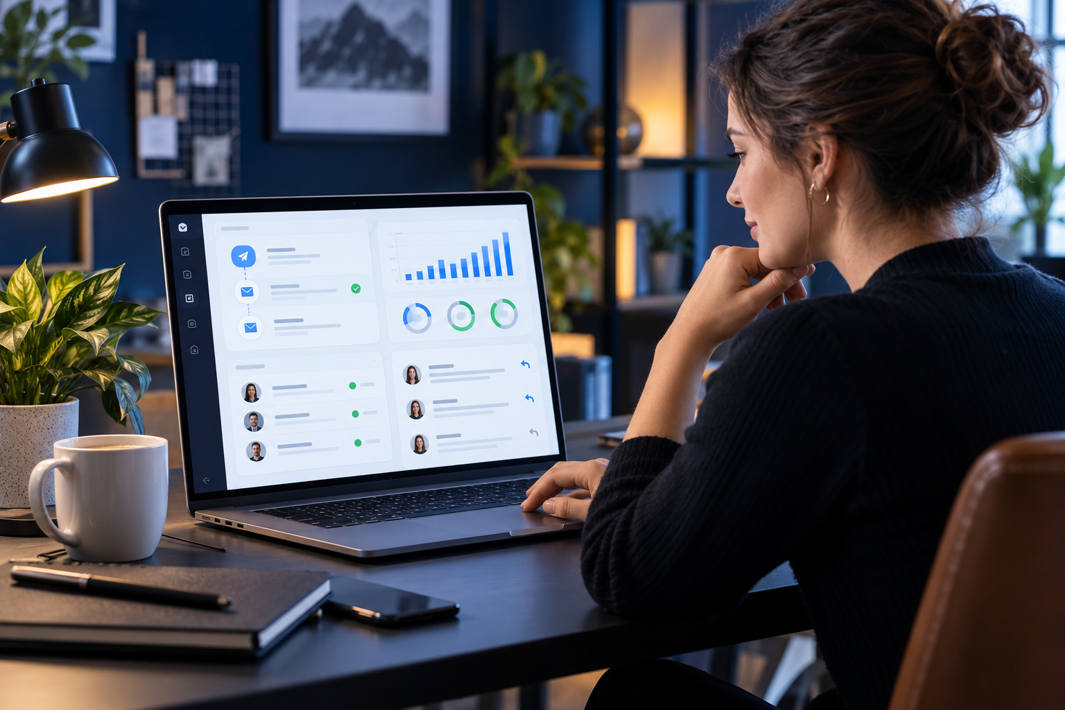 Small-business marketer reviewing cold email sequences, verified contacts, replies and campaign analytics on a laptop