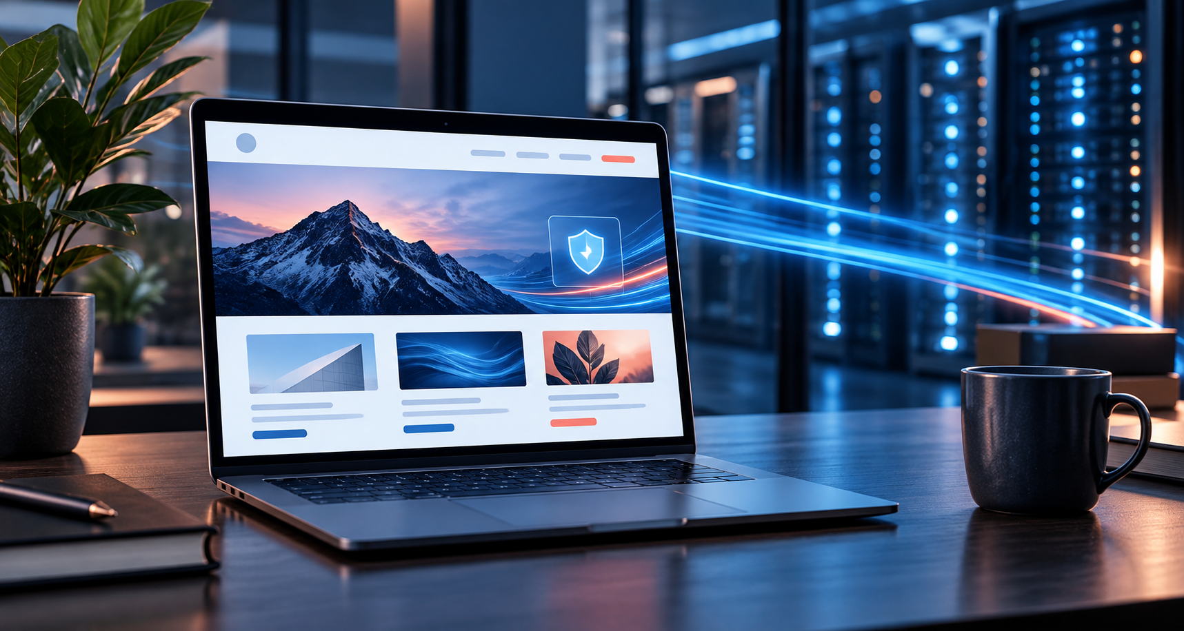Laptop displaying a website beside a data centre, illustrating managed WordPress hosting