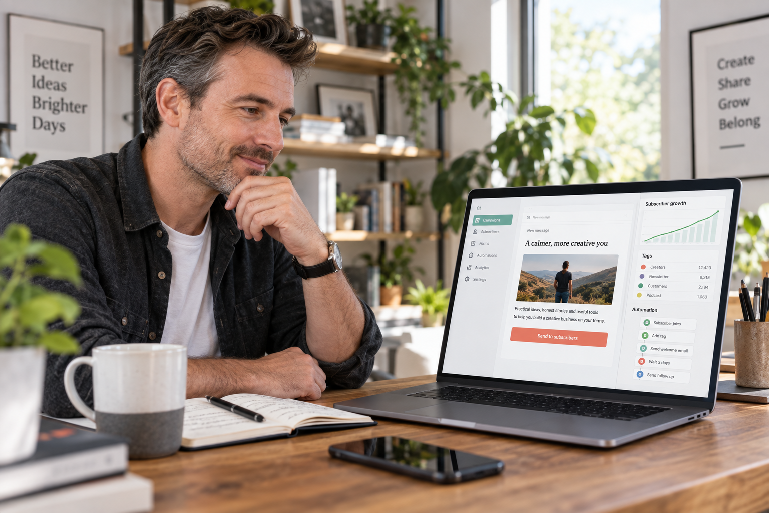 Creator reviewing an email newsletter, subscriber growth, audience tags and a visual automation workflow on a laptop