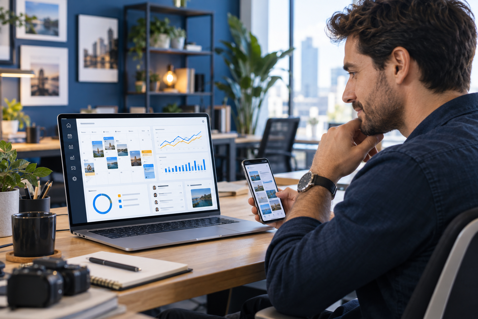 Male social media manager reviewing a content calendar, campaign analytics and scheduled posts on a laptop and smartphone