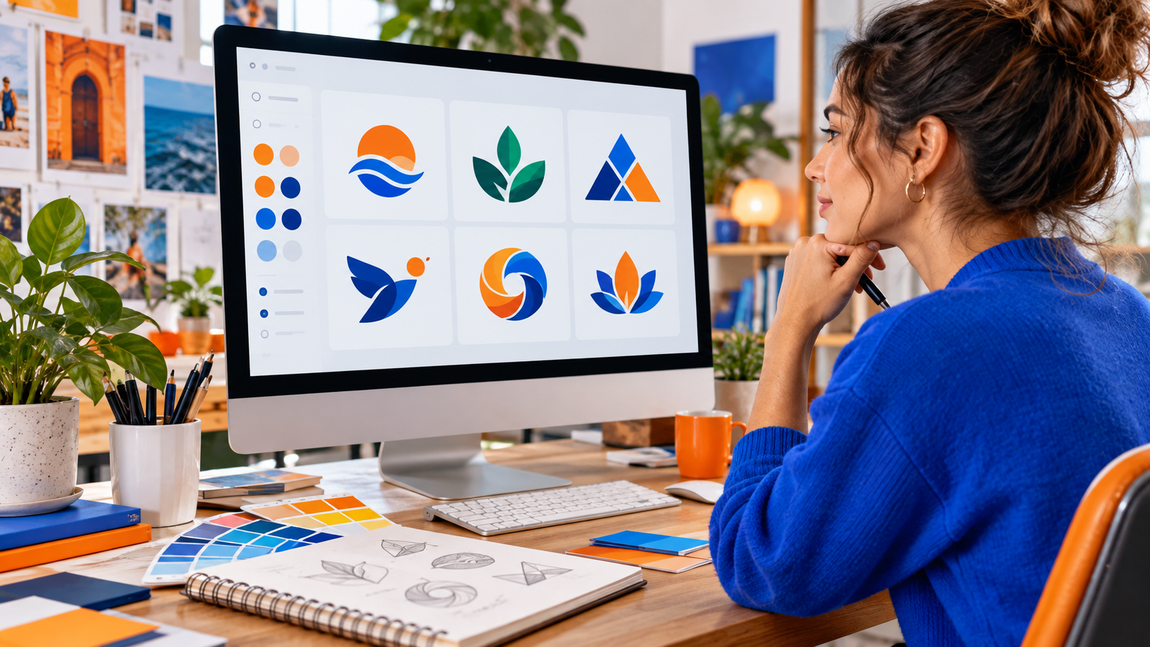 Designer reviewing logo concepts and colour swatches on a desktop computer