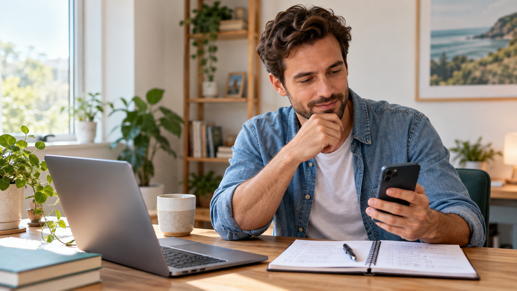 Man using a smartphone beside a notebook while planning an online project at home