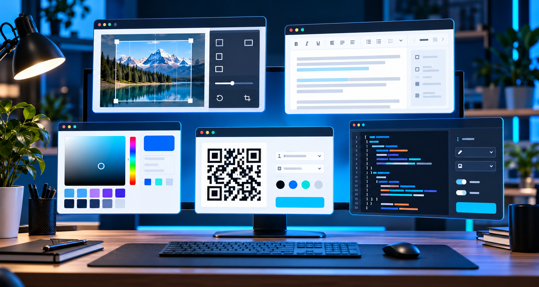 PineTools image editing, text utilities, colour picker, QR code and developer tools on a desktop