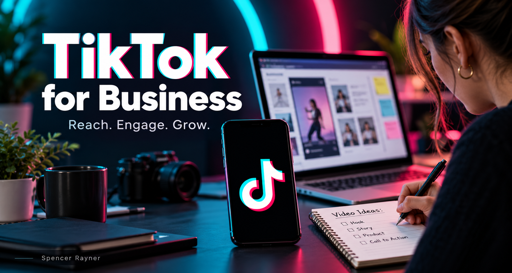 TikTok for Business graphic with a smartphone and a marketer planning video content