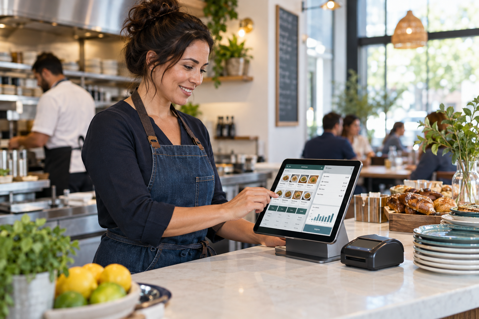 Independent restaurant owner using a tablet point-of-sale system with order controls and sales reporting at the counter