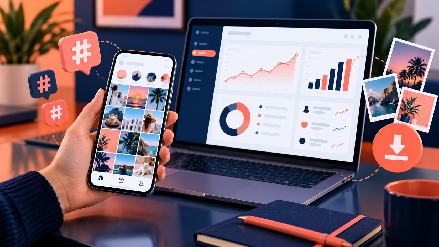 Instagram photo grid and social media analytics on a phone and laptop