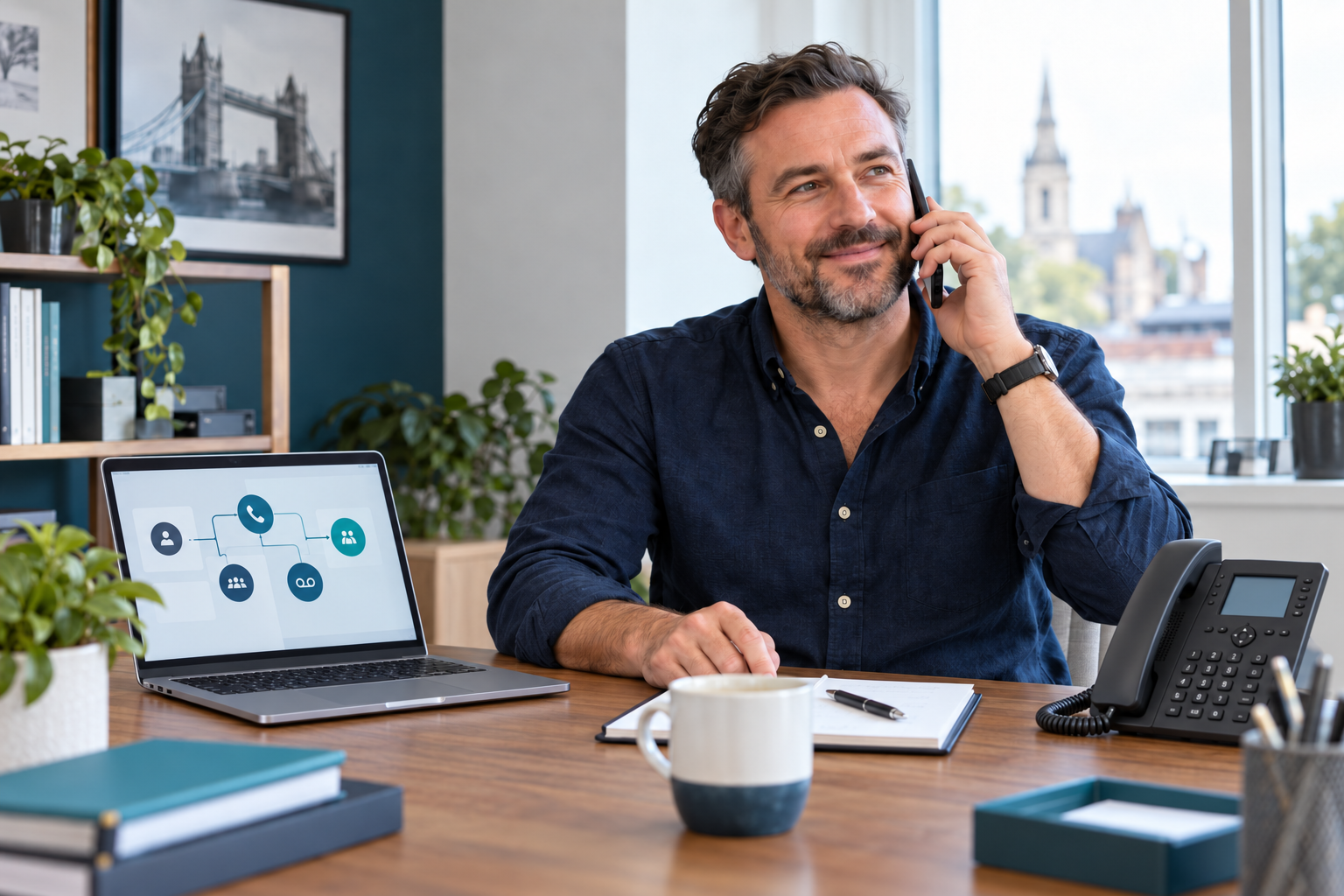 UK small-business owner managing calls with a smartphone, laptop call-routing dashboard and VoIP desk phone