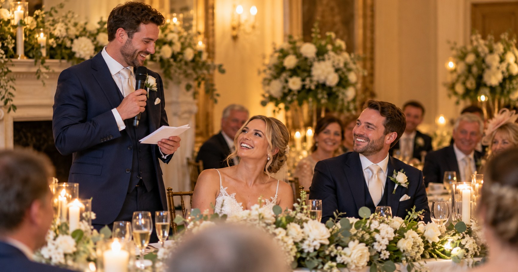 Best man giving a wedding speech as the bride and groom listen at their reception